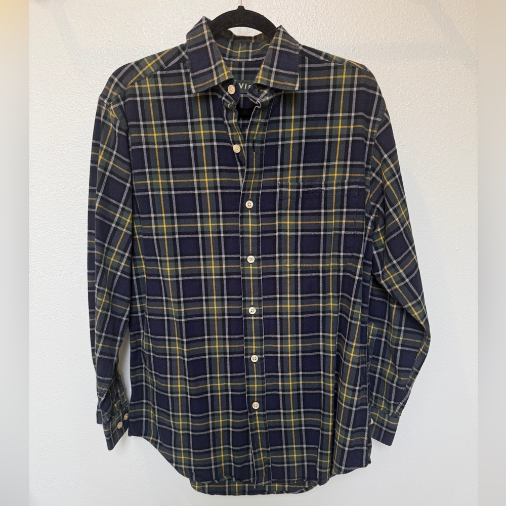 Orvis Classic Navy & Yellow Plaid Button-Up Shirt -M